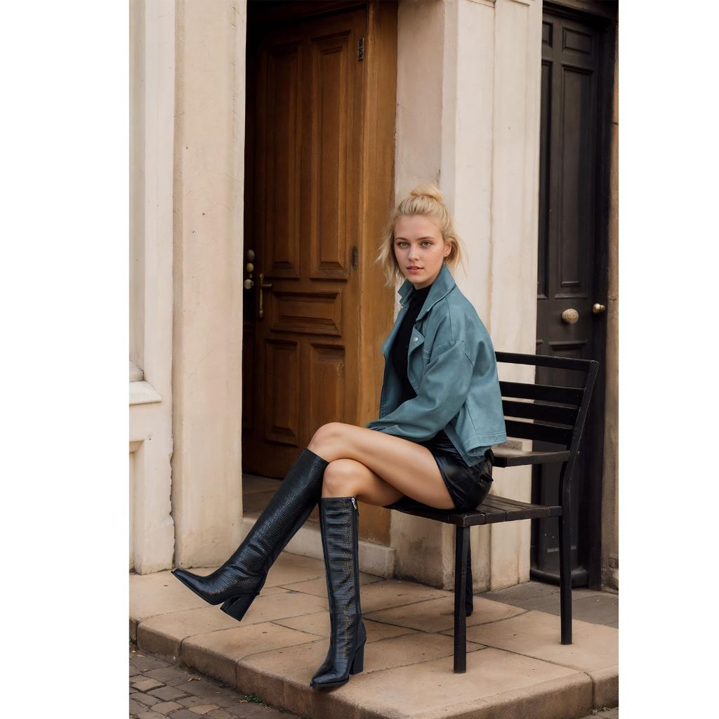 SZ 8.5, YYBYYB Black Boots for Women Knee High Tall Boots | Sexy Crocodile