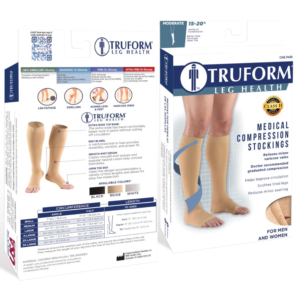Truform 15-20 mmHg Compression Stockings for Men and Women, Knee High Length, Open Toe, Beige, Large