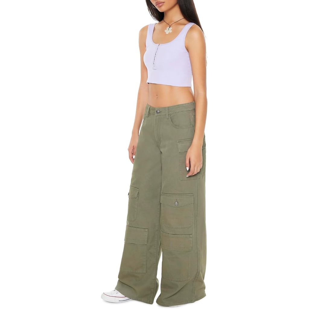 Forever 21 Women's Twill Wide-Leg Cargo Pants - Size S