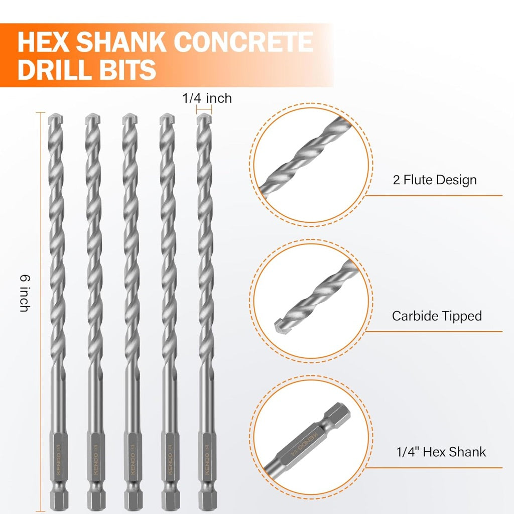 KENDO 1/4" x 6" Rotary Hammer Drill Bits Multi-Purpose Carbide Drill Bit Set - 5-Piece Carbide Tips for Concrete, Brick, Wood, Tile, for DIY Lovers