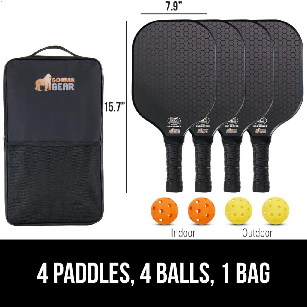 Gorilla Gear USAPA Approved Pickleball Paddles Set of 4, Indoor Fiberglass Shock Absorbent Racket with Comfortable Grip, Outdoor Pickle Ball Court Equipment, Sports Accessories Includes Bag, Black