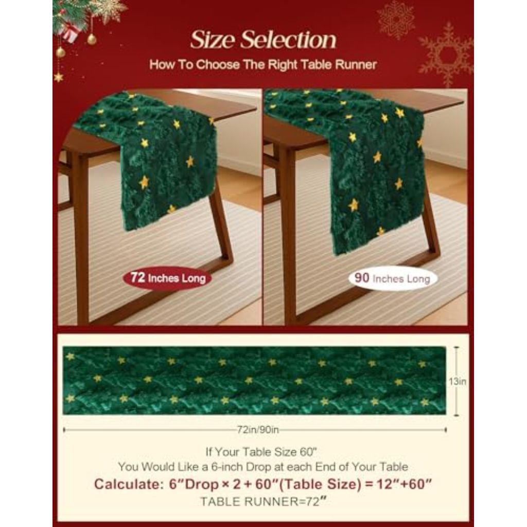 Green Christmas Tree Table Runner Flannel Backing Christmas Table Runner  - 13x72 inch