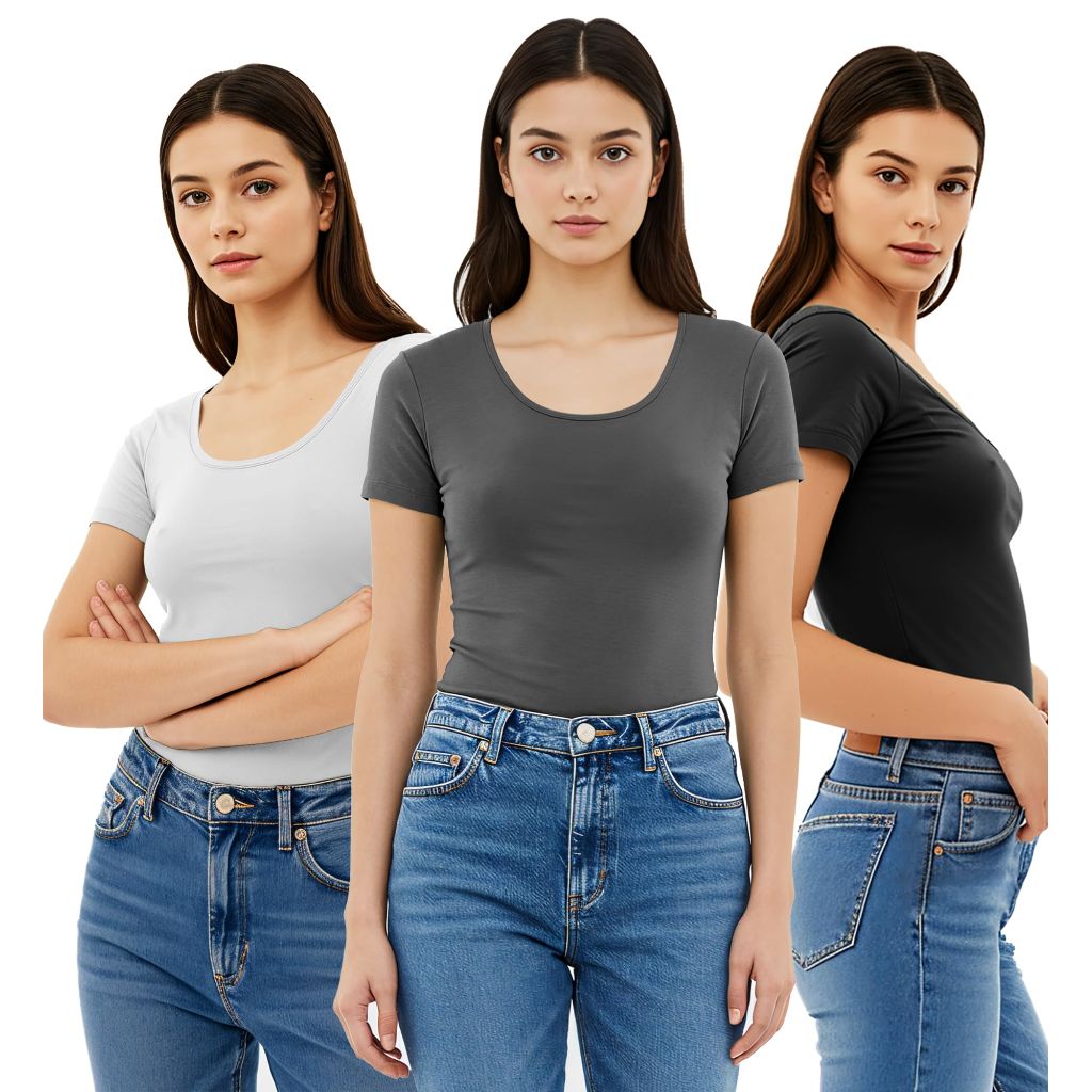 SZ M, Emmalise Women's Short Sleeve Tshirt Scoop Neck Tee Value Set (3Pk, Blk, Wht, Charcoal,)