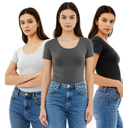 SZ M, Emmalise Women's Short Sleeve Tshirt Scoop Neck Tee Value Set (3Pk, Blk, Wht, Charcoal,)