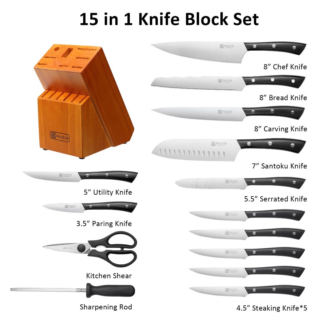 PAUDIN Knife Block Set, 15-Piece Knife Set with Block