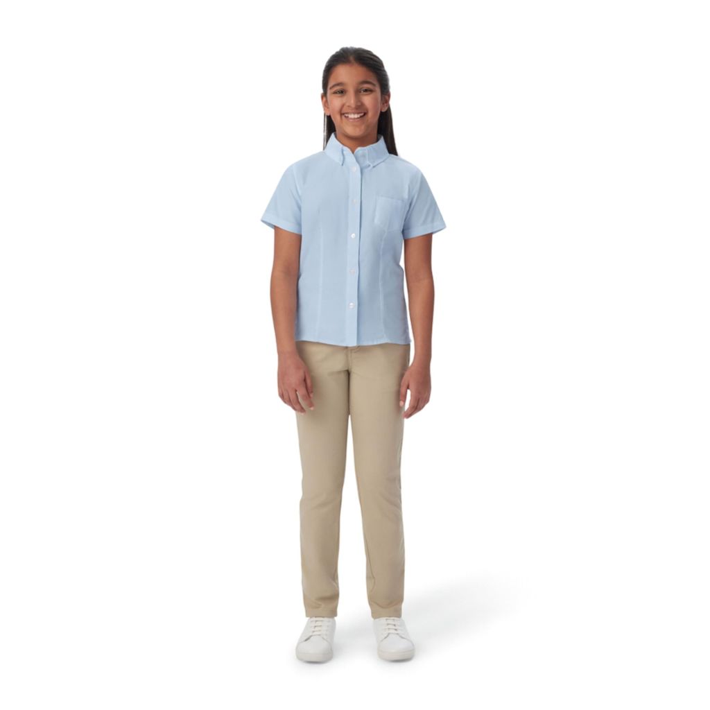 SZ 16, French Toast Girls' Fitted Wrinkle-Resistant Oxford Shirt with Short Sleeves, Light Blue