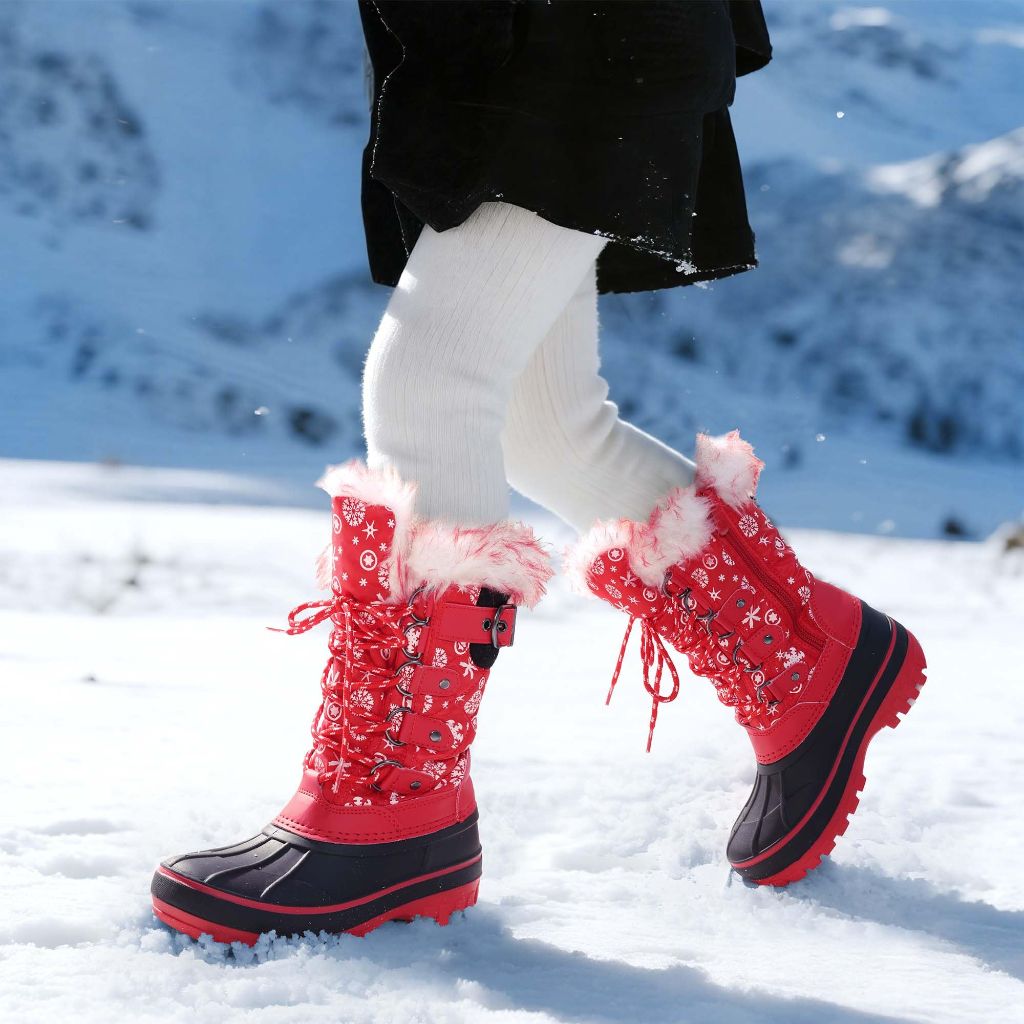 DREAM PAIRS Kids Snow Boots, Red/Black - size 4
