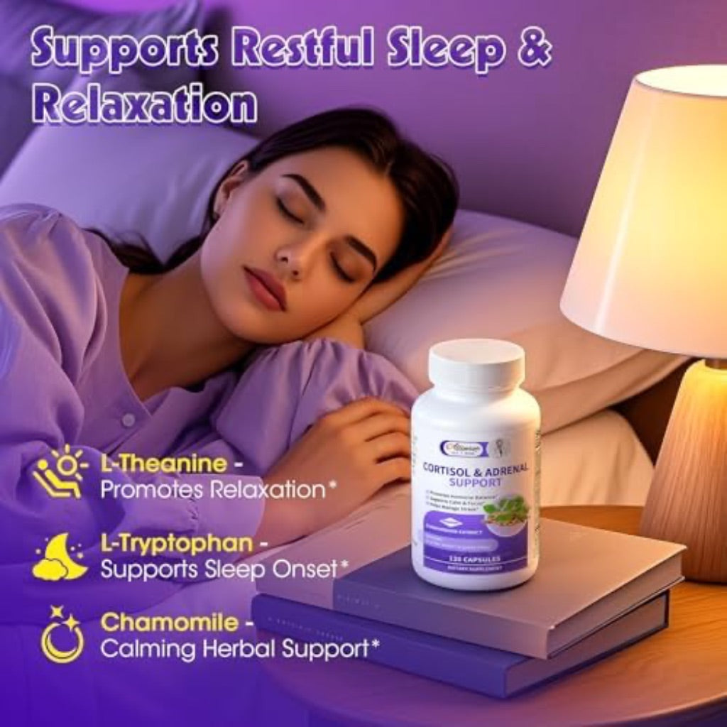 Cortisol Supplements w/Ashwagandha, L-Theanine, & Holy Basil - 120 Capsules