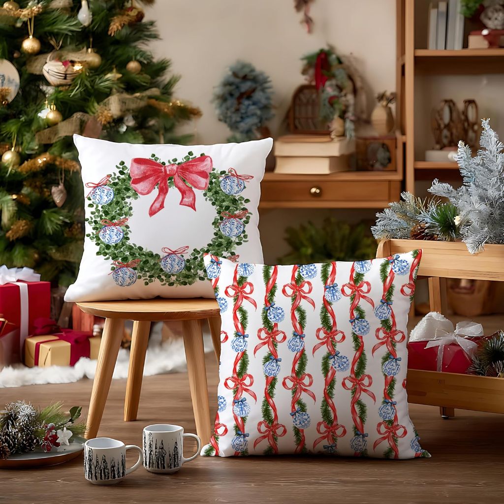 Red Bow Chinoiserie Christmas Tree Wreath Pillow Covers (18" x 18") - Set of 4
