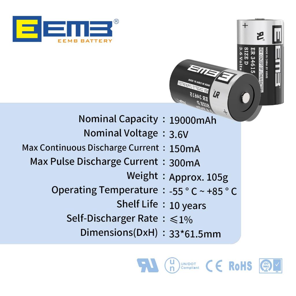 EEMB (4Pk) 3.6V D Cell Batteries | D Size Lithium Batteries 19000mAh