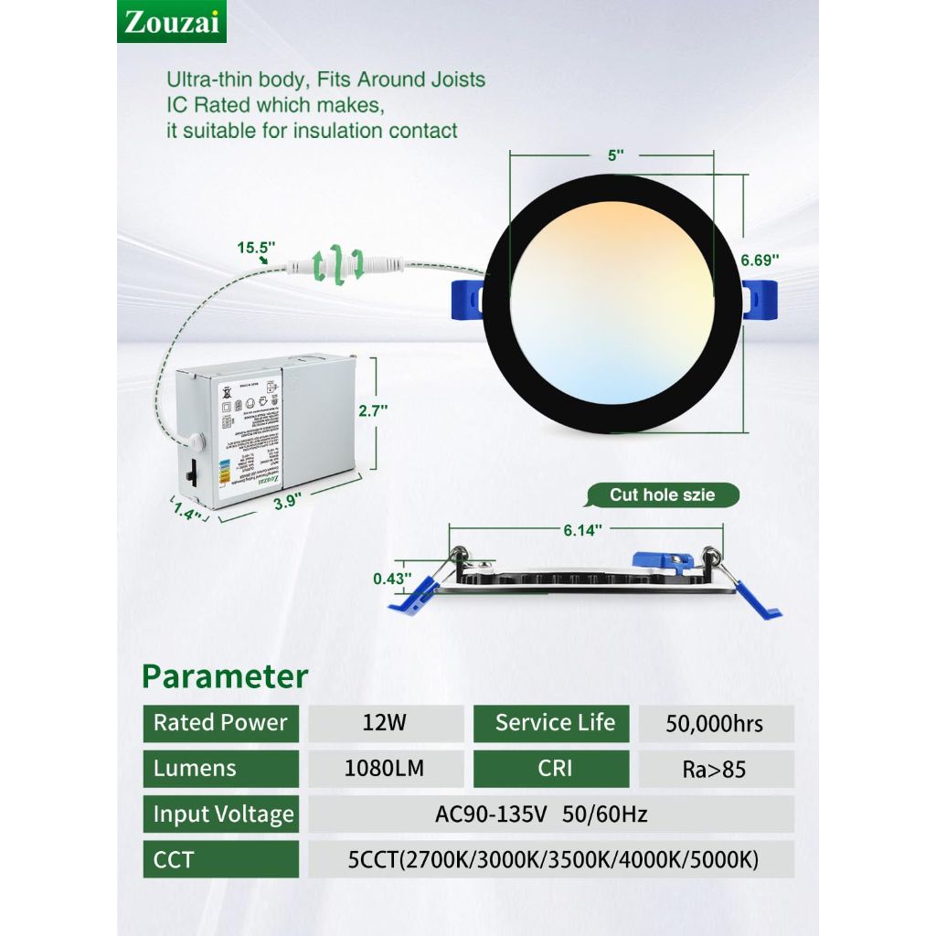 Zouzai 16 Pack Black 6 Inch Ultra-Thin LED Recessed Light with Junction Box - ETL and Energy Star Certified