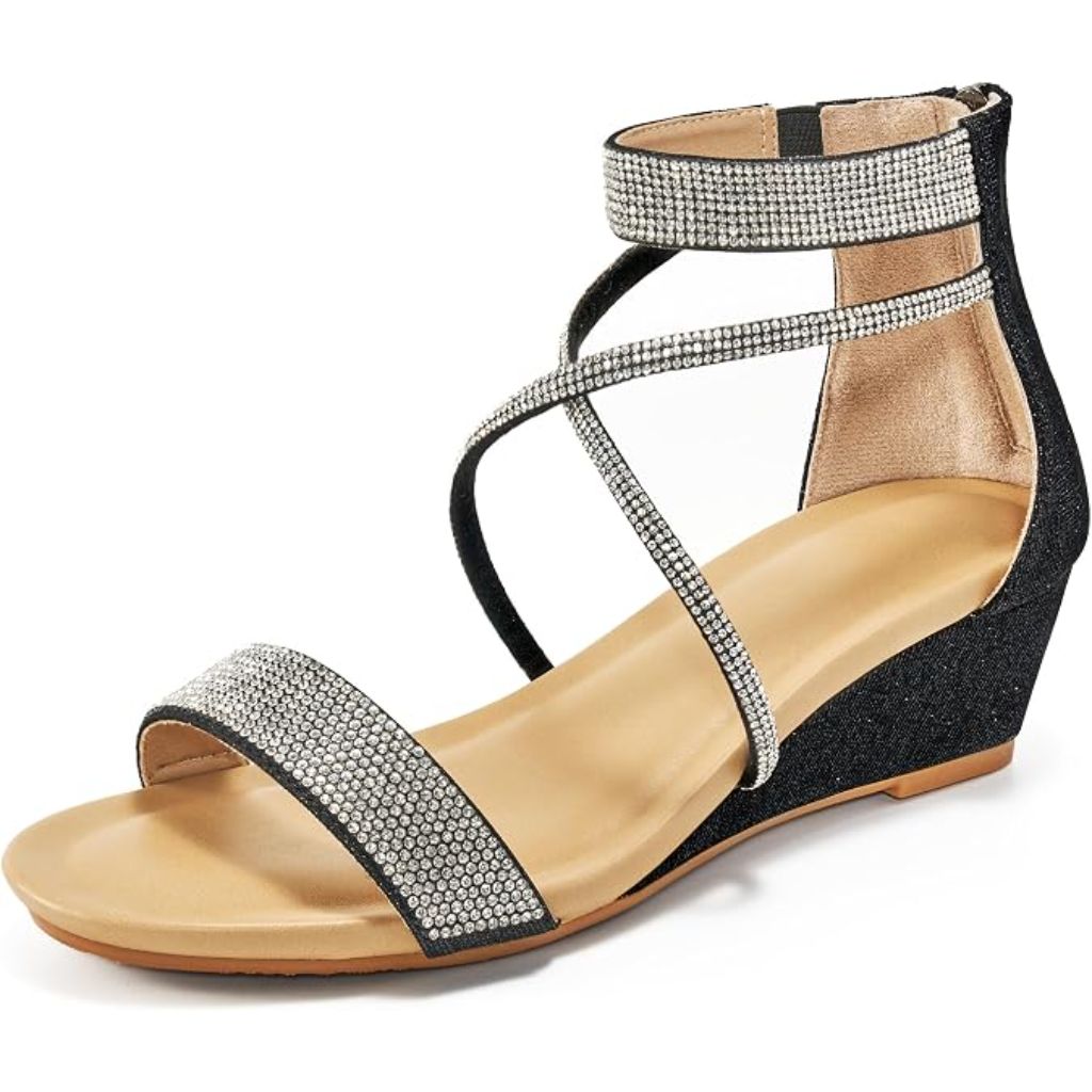 Harence Women's Dressy Wedge Sandals - Black Sparkly, Size 9