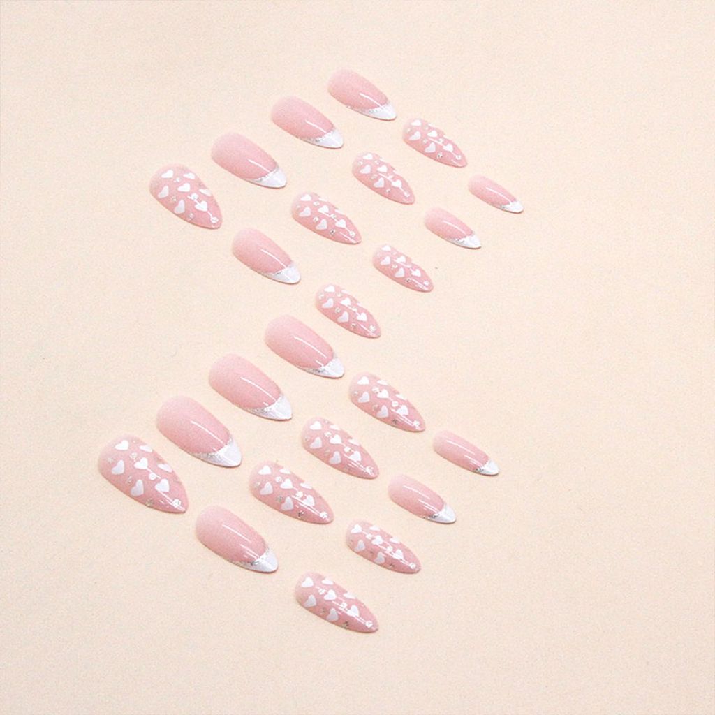 White Heart Press on Nails, French Tip, Nude, Manicure Art
