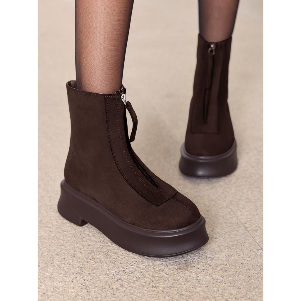 SZ 7.5, Coutgo Women's Front Zip Winter Ankle Boots | Chocolate