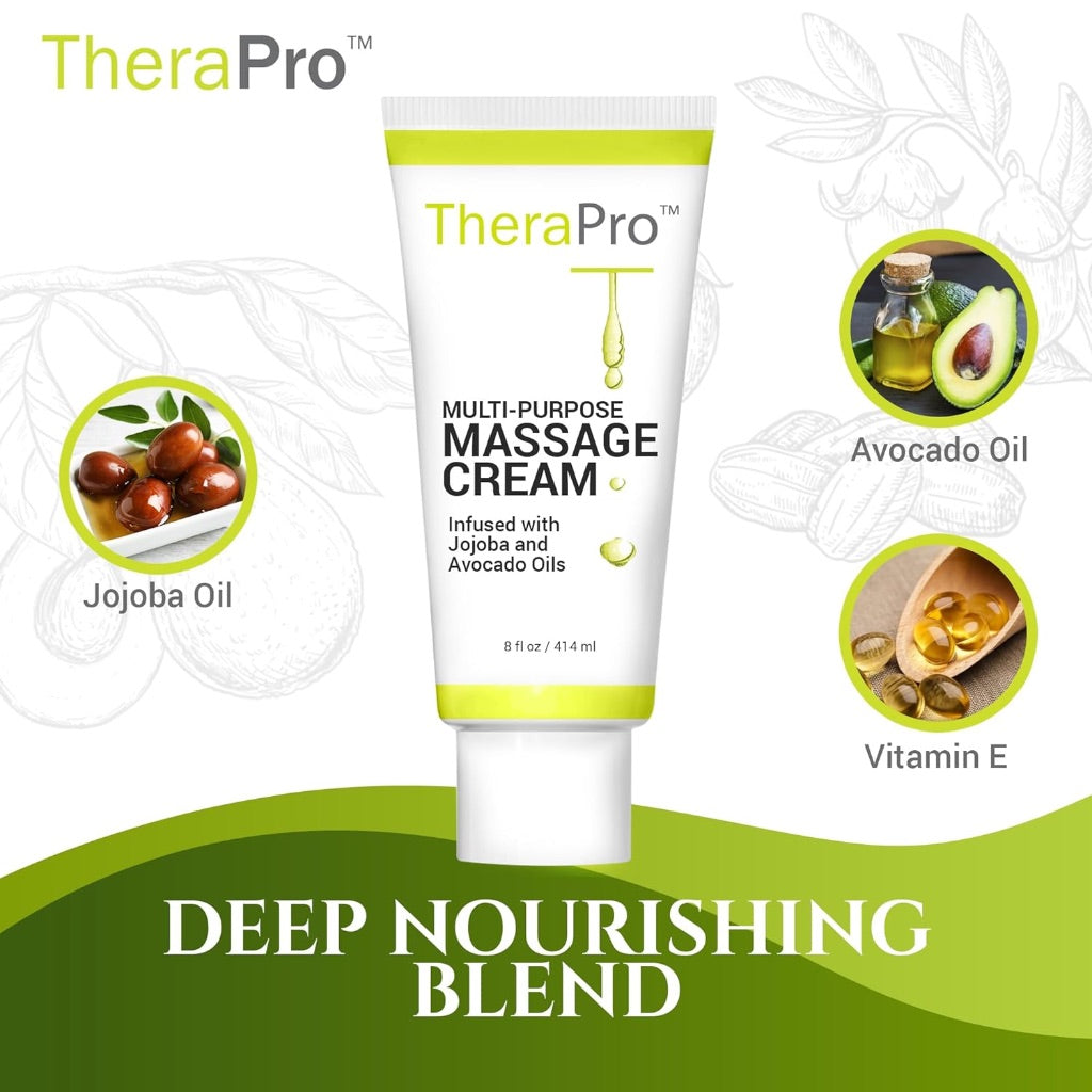 Multi-Purpose Massage Cream by TheraPro - 8 Ounce - Hypoallergenic, Unscented Cream - Massaging Cream Infused with Jojoba, Avocado Oil, & Sweet Almond Oil