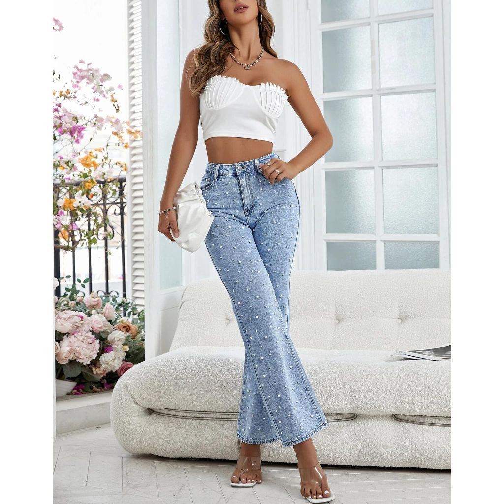 Kedera Women's Flare Jeans High Waisted, Wide Leg Baggy Jean for Women, Stretch Denim Pants, Light Blue, XL