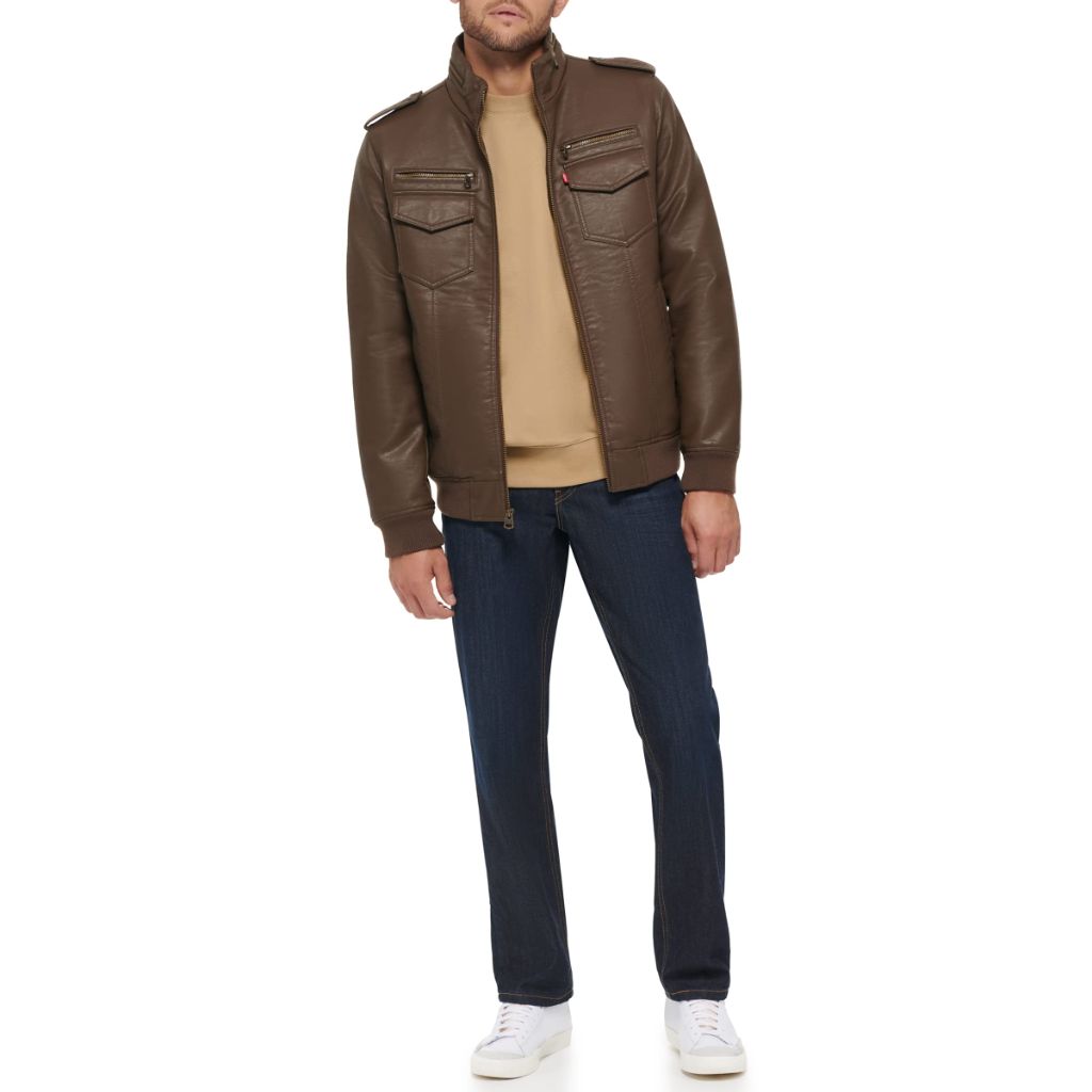 Levi's Men's Vintage Deer Faux Leather Aviator Bomber Jacket - Dark Earth, Size L