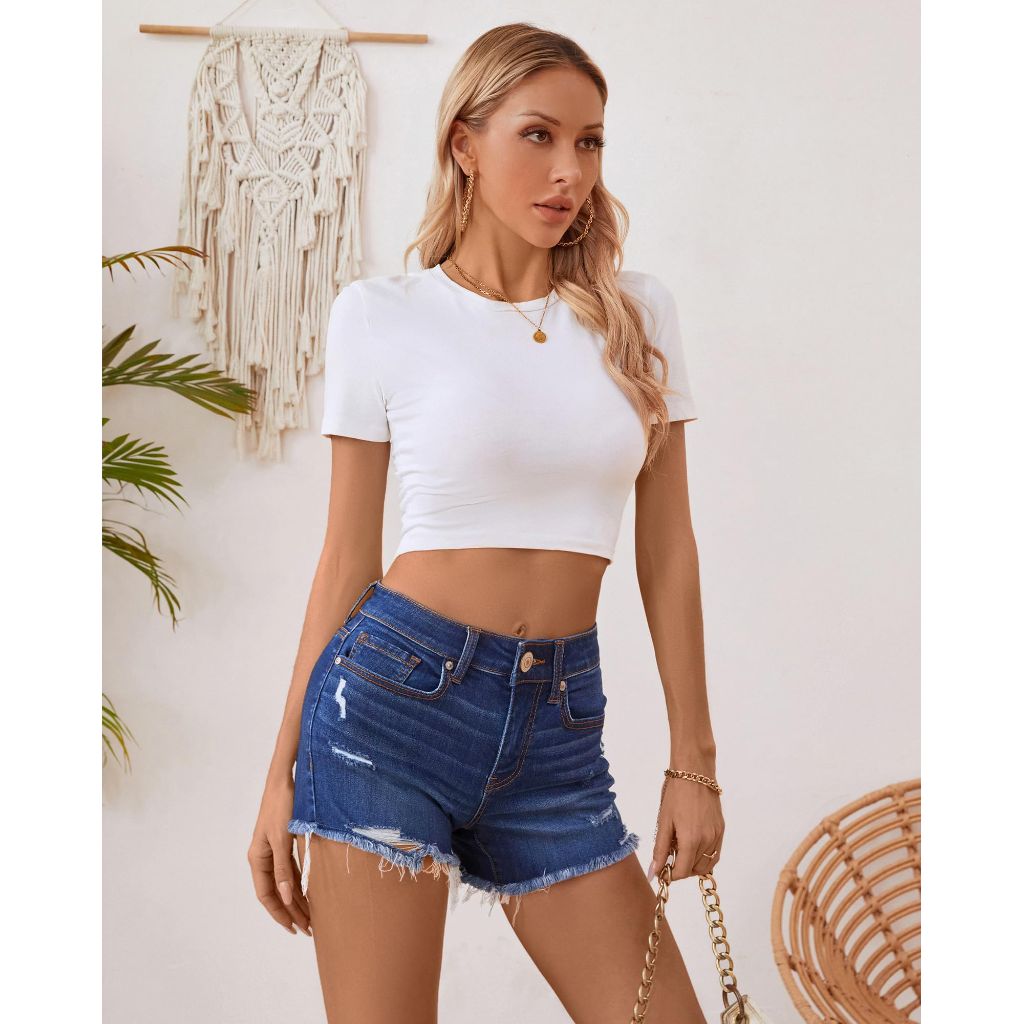 OFLUCK High Waisted Ripped Frayed Raw Hem Stretch Denim Women Shorts - size 6