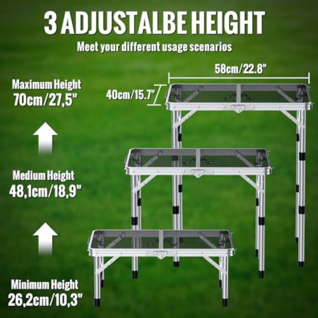 GARLLEN 3 Adjustable Height Folding Camping Table with Heat-Resistant Mesh Tabletop, 22.8" L x 15.7" W