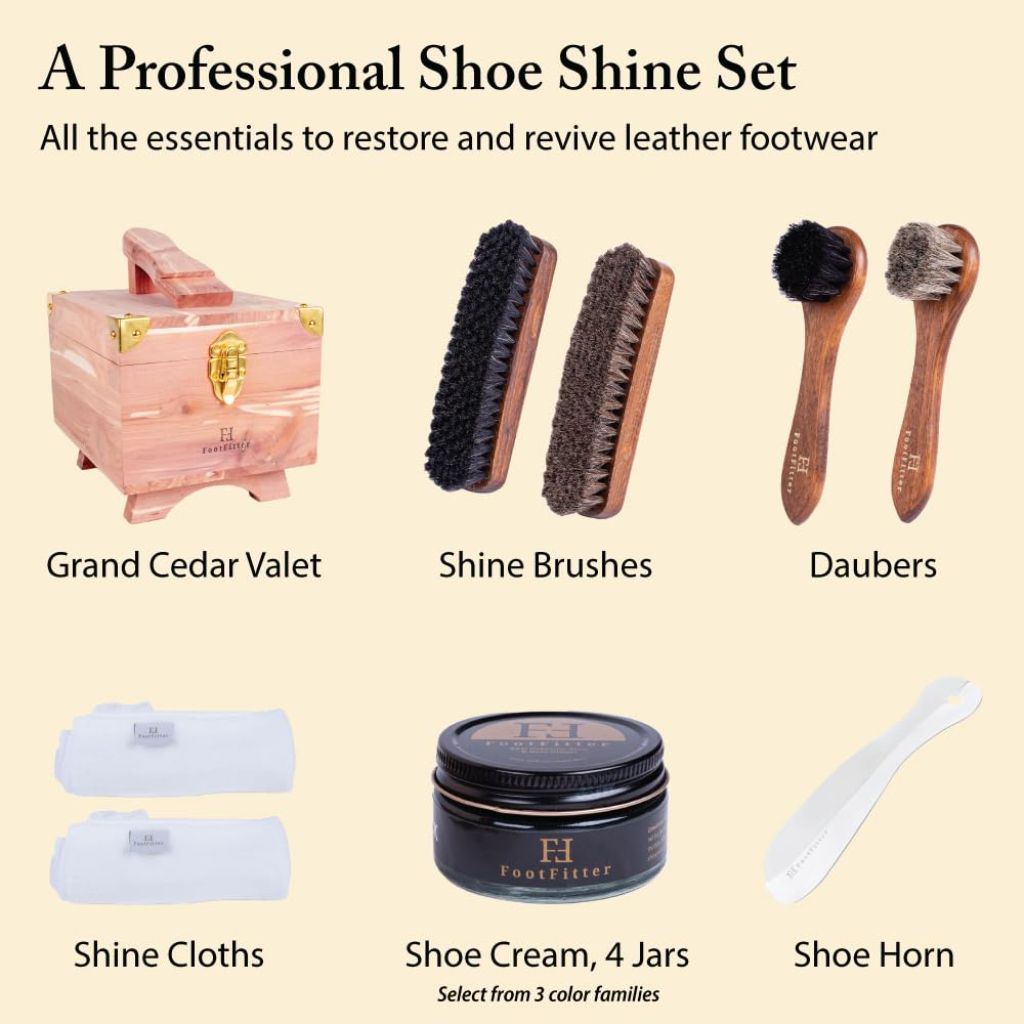 FootFitter Shoe Shine Set & Grand Cedar Wood Storage Box, Shoe Polish Cream & Shoe Care Tools for Leather Shoes (Brown Colors)