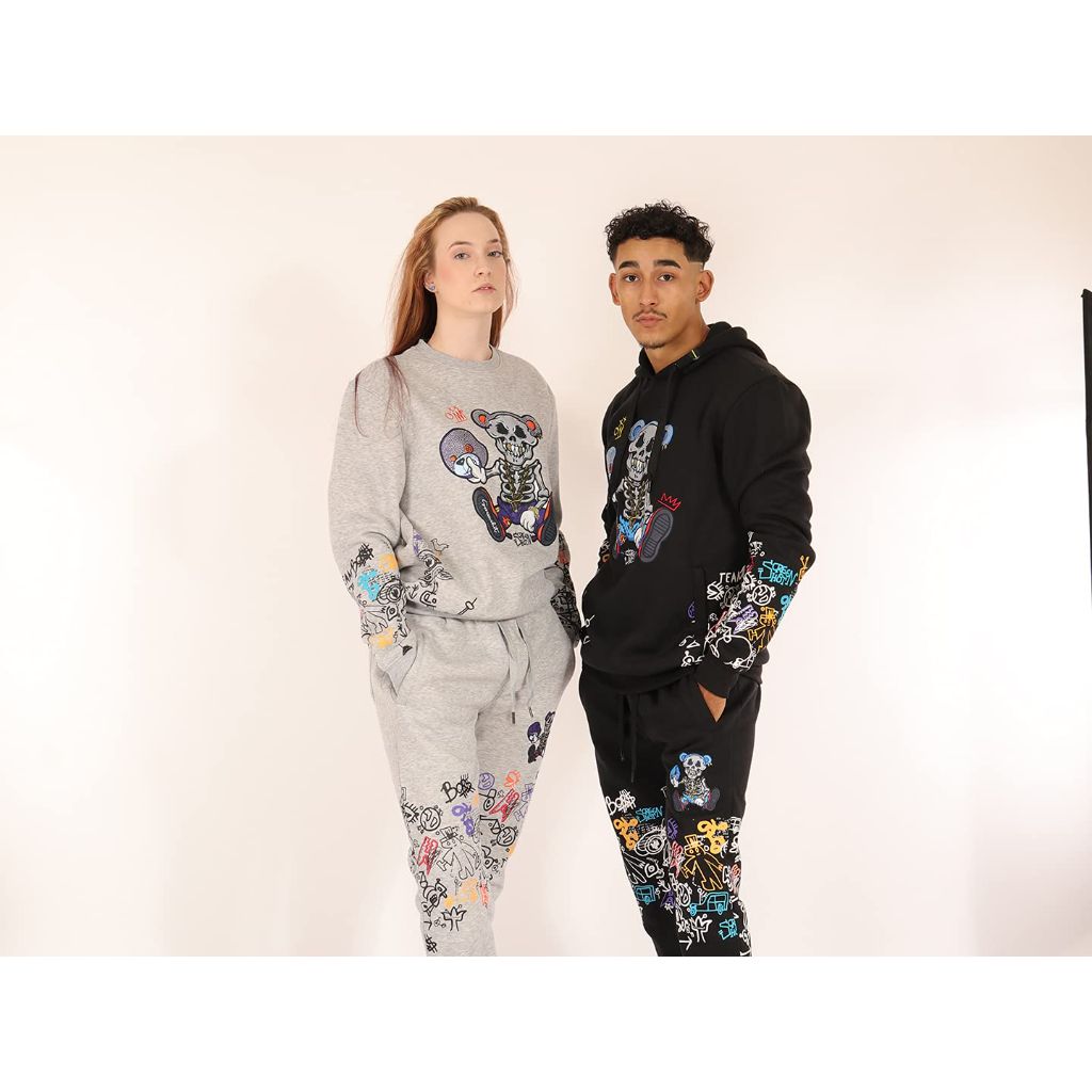 SCREENSHOT Men's Urban Premium Fleece Graffiti Sleeve Skeleton Bear Crew Neck Sweatshirt