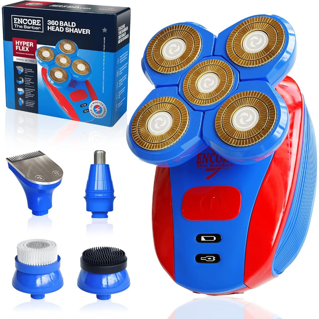 Encore the Barber 360 Bald Head Shaver with 5 Attachments, Rechargeable Wet Or Dry Shaver with Pop-up Beard Moustache Trimmer
