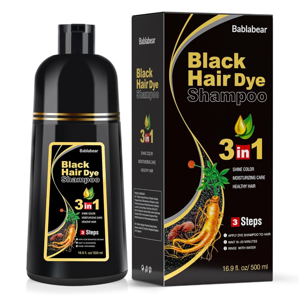 Bablabear Black Hair Dye Shampoo for Gray Hair, Grey Coverage | 500ml