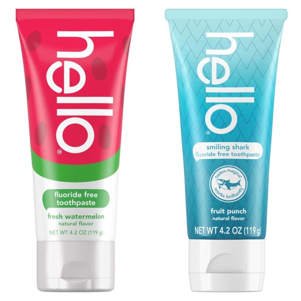 Hello Smiling Shark and Fresh Watermelon Fluoride Free Kids Toothpaste Pack  Includes 4.2 Oz Smiling Shark Kids Fluoride Free Toothpaste and 4.2 Oz Fl