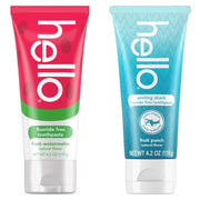 Hello Smiling Shark and Fresh Watermelon Fluoride Free Kids Toothpaste Pack  Includes 4.2 Oz Smiling Shark Kids Fluoride Free Toothpaste and 4.2 Oz Fl