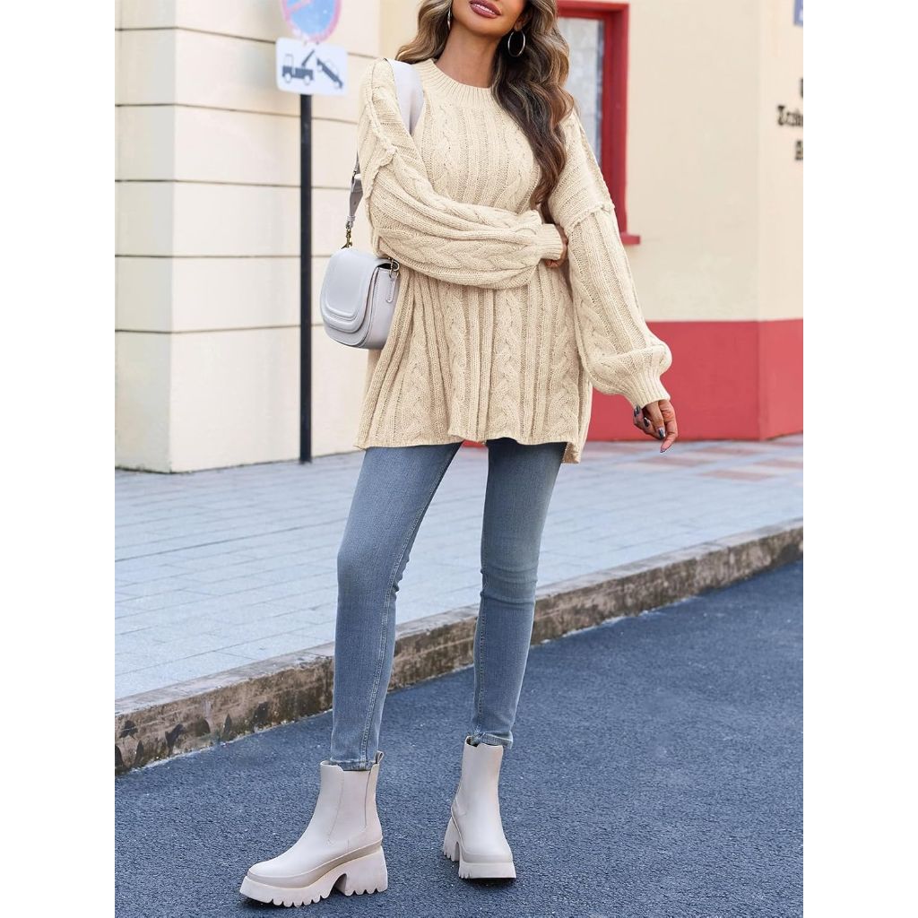 Saodimallsu Womens Oversized Sweaters Chunky Cable Knit Crew Neck Casual Long Lantern Sleeve Fall Tunic Sweater Tops