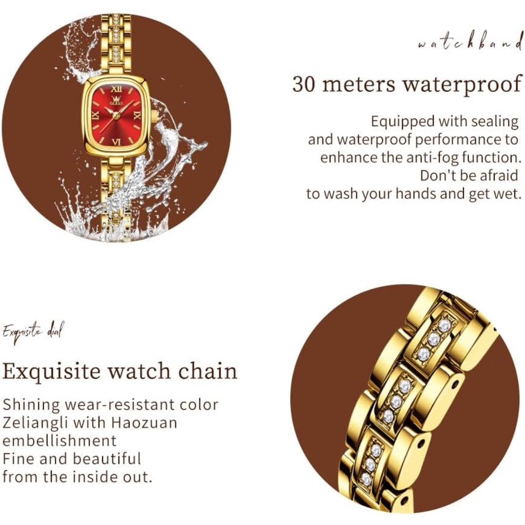 OLEVS Ladies Square 23mm Watch, Red Dial, Gold-Tone Stainless Steel Bracelet