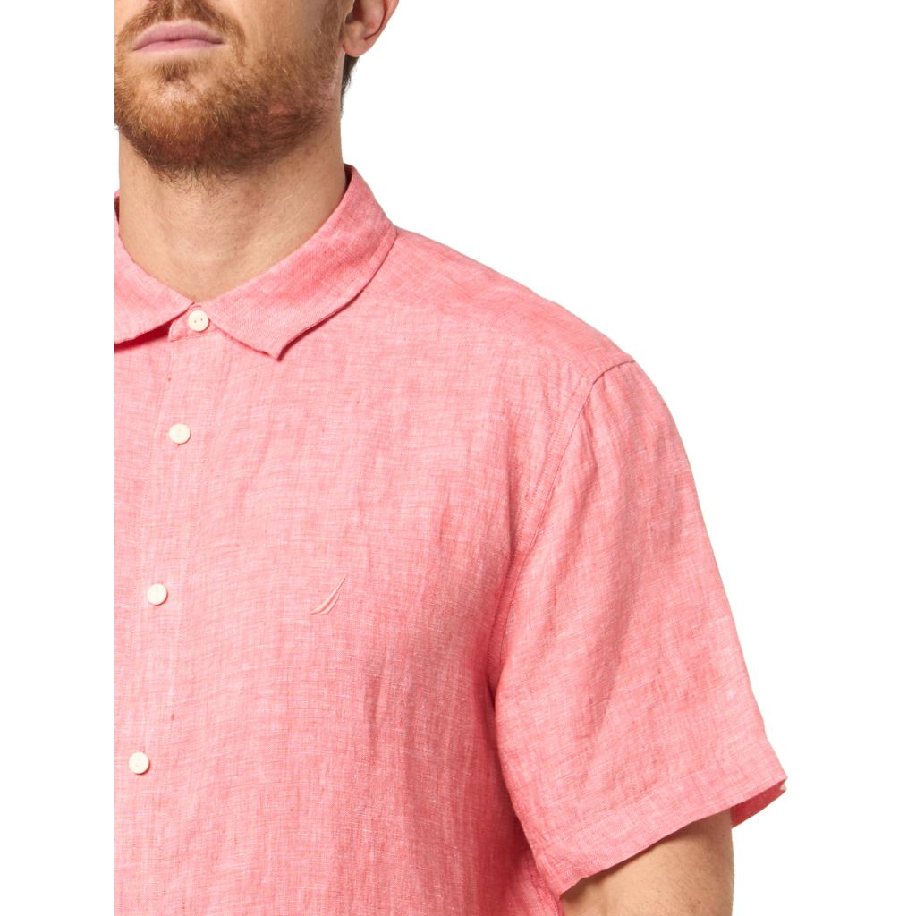 Nautica Men's Classic-Fit Solid Linen Short-Sleeve Shirt, Pepper Red, SZ L