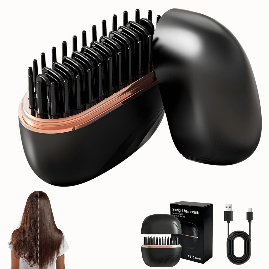 Glambrushs Mini Hair Straightener Brush, 3-Speed Temperature Control, Rapid Heating & Anti Scald Shell, Lightweight Travel-Friendly, (Black)