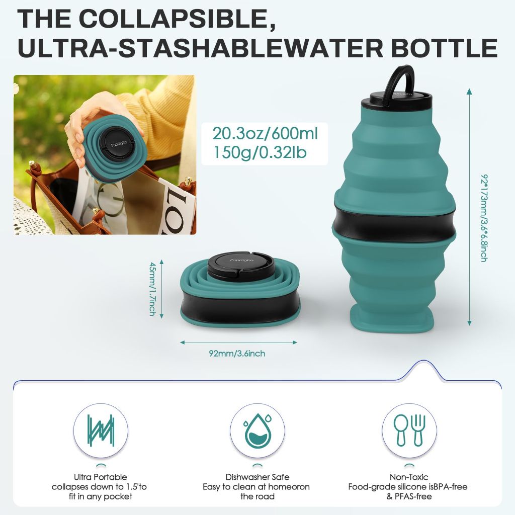 Popdigito Collapsible Water Bottles,600ml BPA Free Reusable Lightweight LeakProof Silicone Foldable Water Bottle, Dark Green