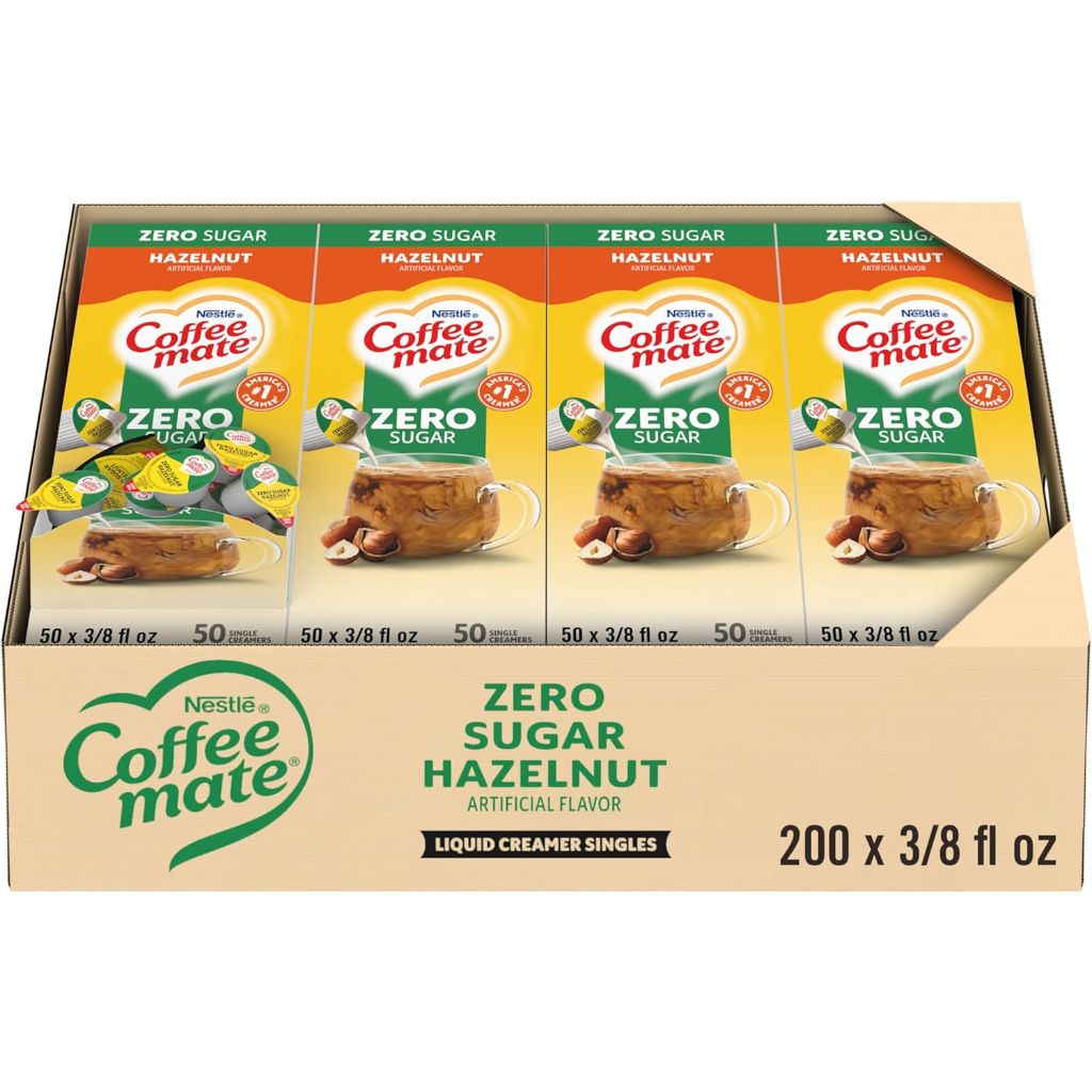 Nestle Coffee mate Coffee Creamer, Zero Sugar Hazelnut, Liquid Creamer Singles, Non Dairy, No Refrigeration, 0.375 fl oz Tubs (Pack of 200)