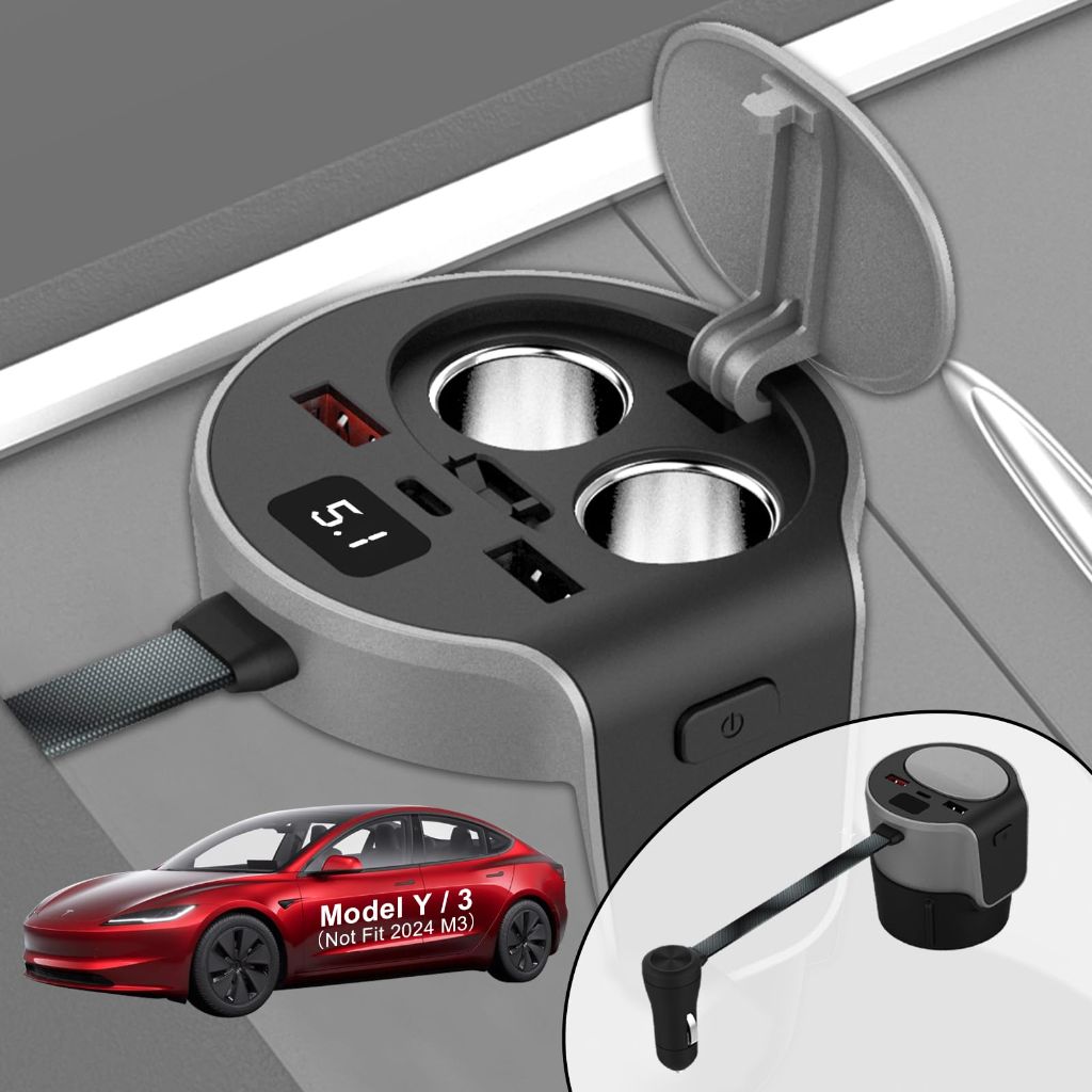 Tesla Cup Base Docking Station for 2021-2023 Model 3 Model Y, Support up to PD65 Watt Fast Charging Center Console Accessory Hub with 2 Cigarette Lighters Interface