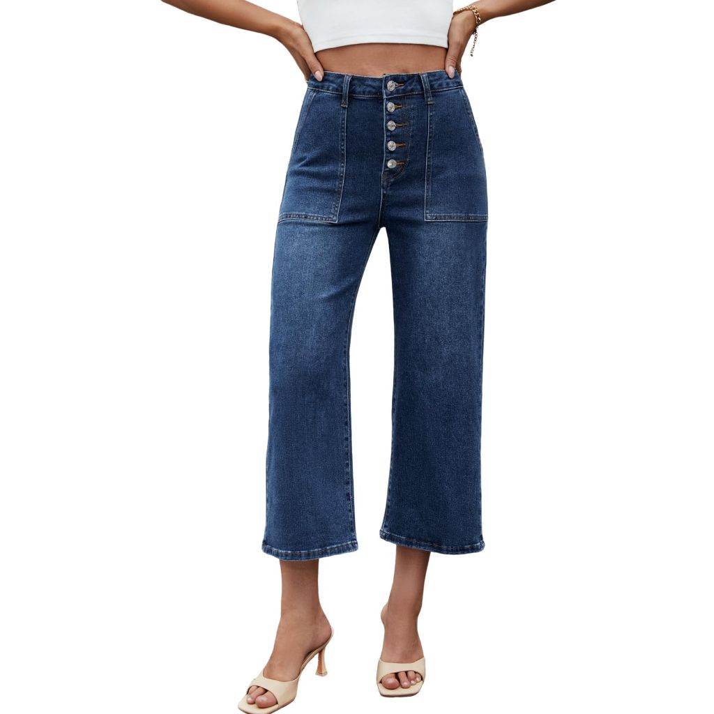 Genleck Women's Wide Leg Jeans – Trendy Cropped Loose Jeans High Waisted Stretchy Capri Denim Pants Baggy Trousers 2025 Dark Blue