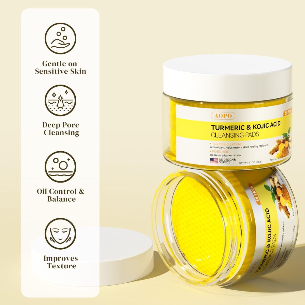 Kojic Acid and Turmeric Cleansing Pads, 50 Pcs, for Face Cleansing and Exfoliation