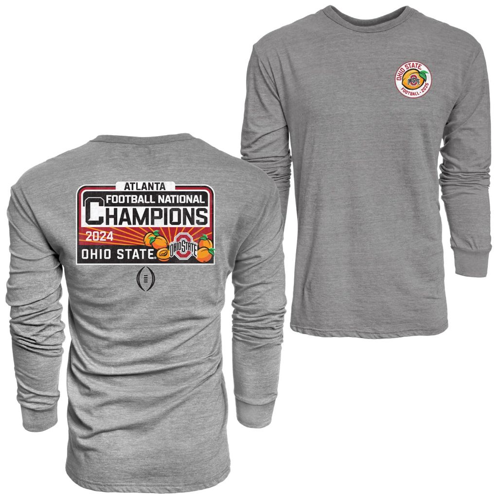 NCAA Officially Licensed Ohio State Buckeyes National Champs 2024 Triblend Long Sleeve T-Shirt Front/Back Gray, Small