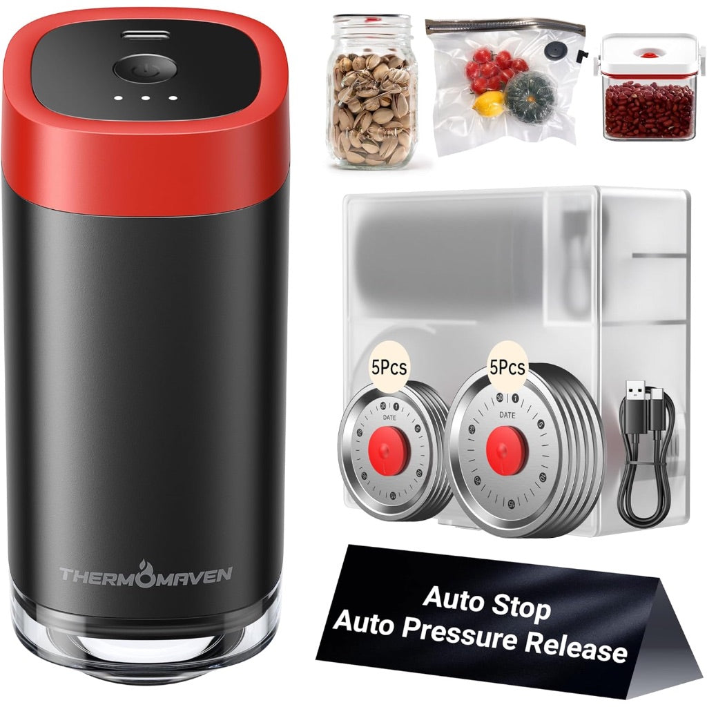 ThermoMaven 4-in-1 Automatic Mason Jar Vacuum Sealer Kit w/10 Auto Pressure Release & Reusable Lids - Red/Black