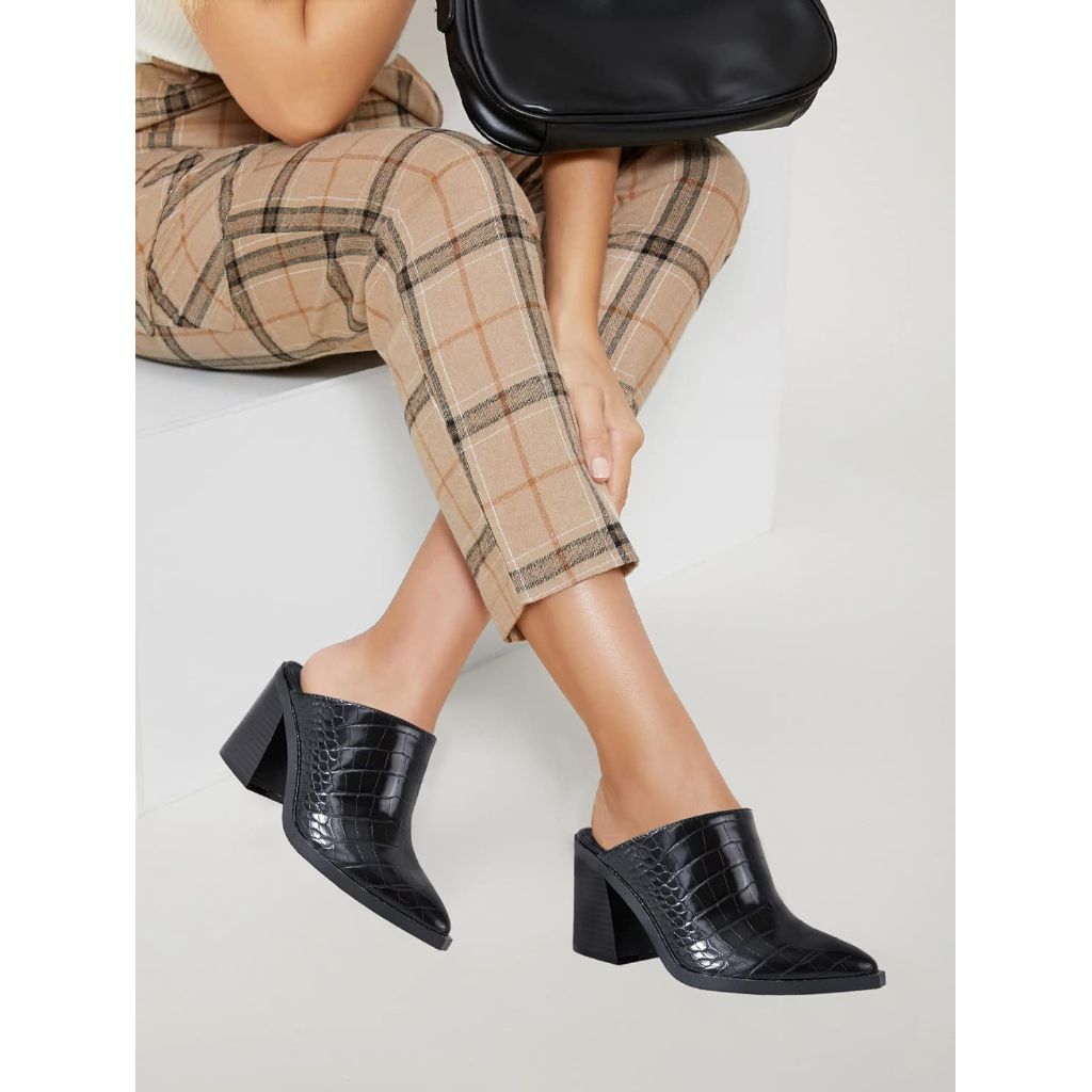 JeimPoey Womens Mules Pumps Point Closed Toe Slip-on Heels Stacked Chunky Block Heel Backless Clogs