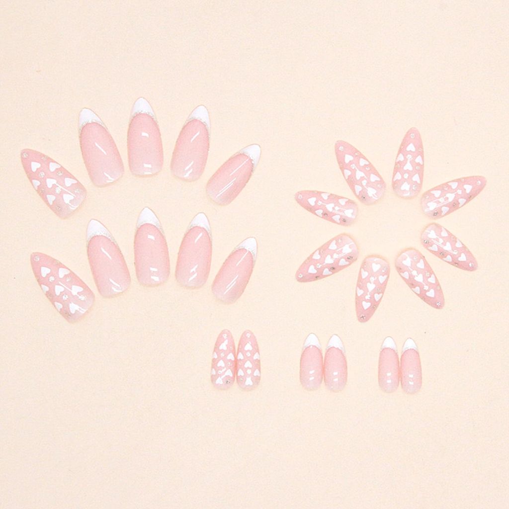 White Heart Press on Nails, French Tip, Nude, Manicure Art