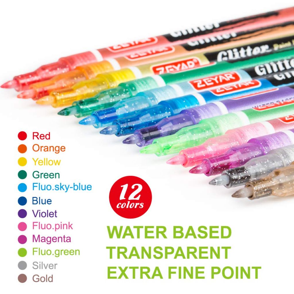 ZEYAR Glitter Paint Pens, Water based, Extra Fine Point, Nylon Tip, 12 Colors