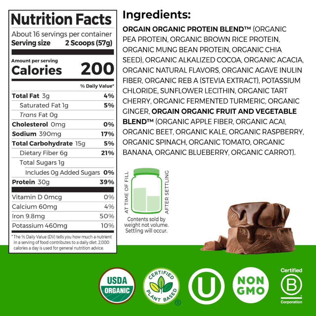 Orgain Organic 30g Vegan Protein Powder, Chocolate 9g - 2.01lb