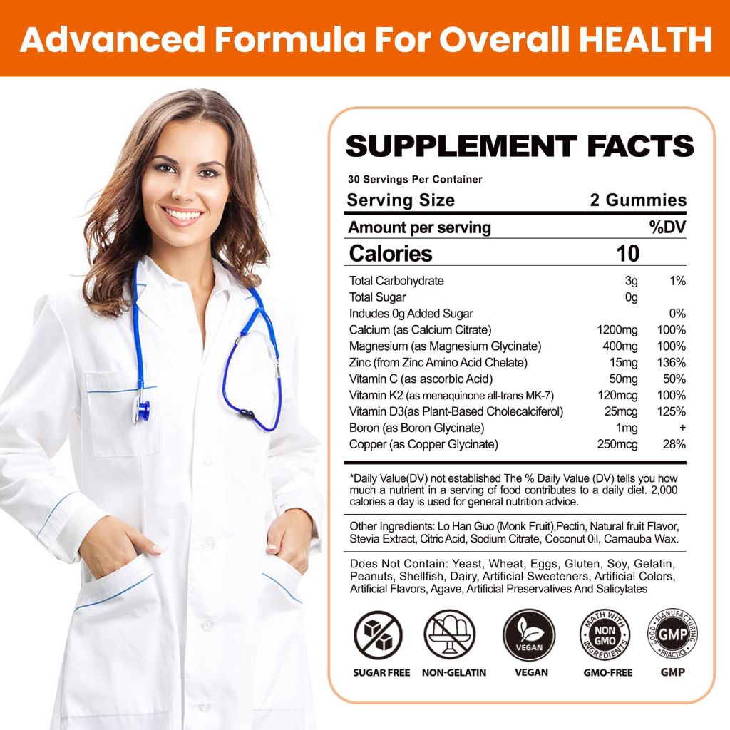Calcium Magnesium Gummies: 1200mg Calcium Citrate Zinc Gummy with Vitamin C D3 K2 - (120Count)