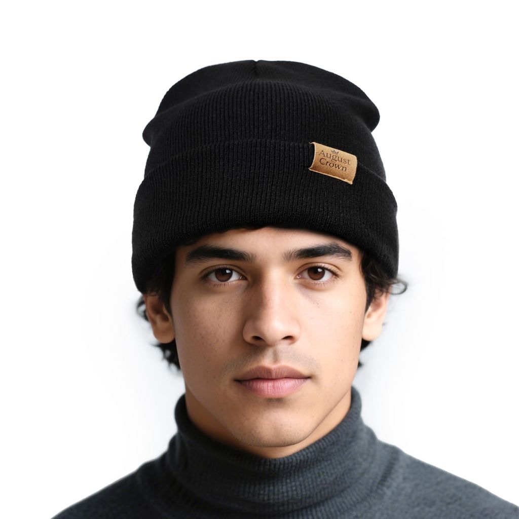 August Crown Women's Winter Knit Beanie with Faux Fur Pom Pom - Black
