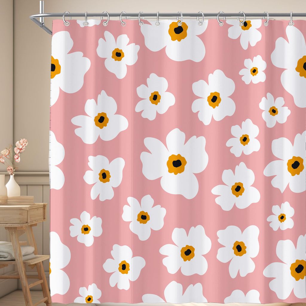Boho Pink Retro Floral Shower Curtain for Bathroom 72W*72H Inch