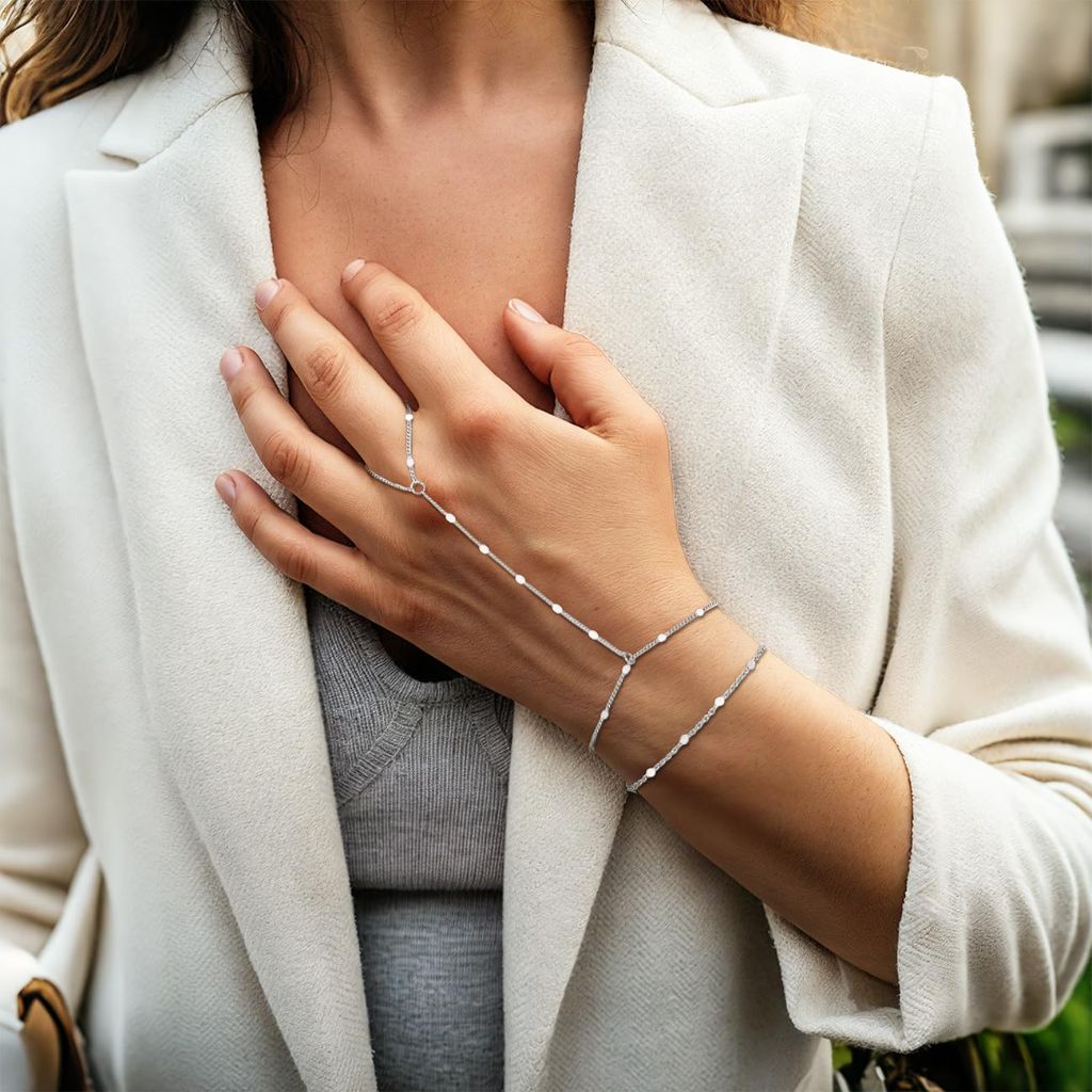 Yowivon Silver Ring Hand Chain Bracelet for Women, Dainty Stackable Link Chain Bracelets, Adjustable Hypoallergenic Trendy Jewelry Gift