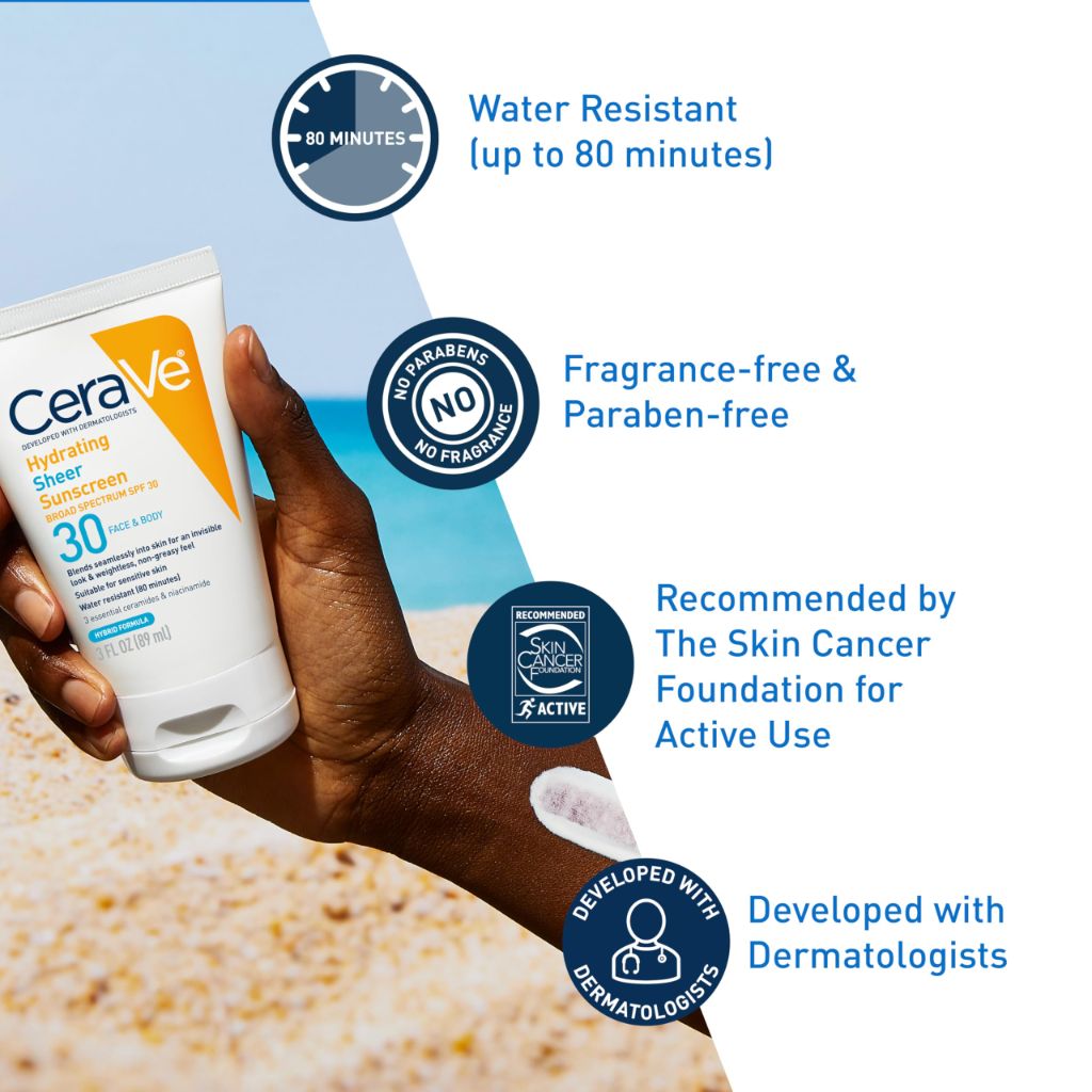 CeraVe Hydrating Sheer Sunscreen with SPF 30 for Face and Body Fragrance-Free, 3Oz