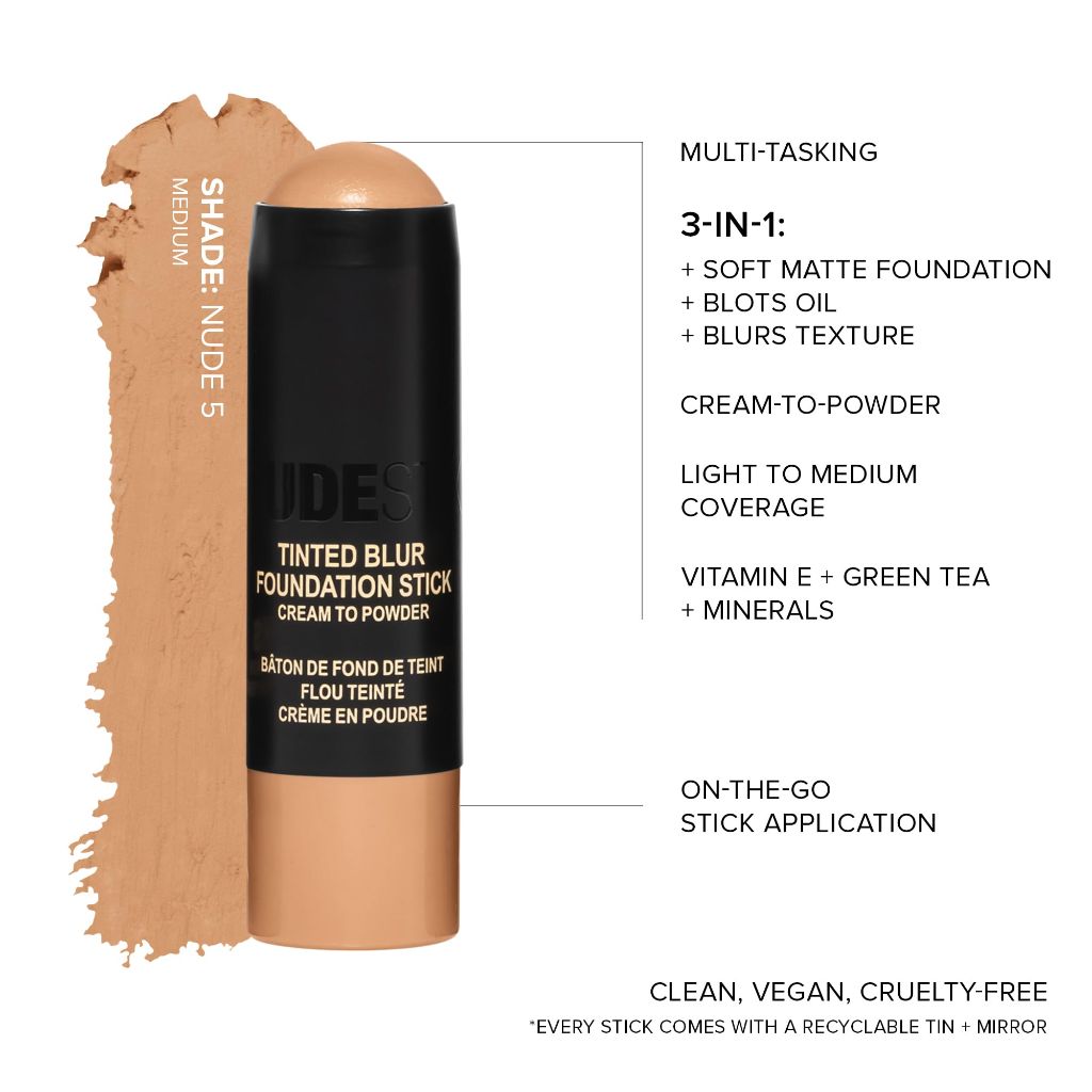 Nudestix Tinted Blur Foundation Stick – Cream-to-Powder Lightweight Makeup for Blurring Pores, Blemishes & Fine Lines | Natural-Matte Finish with Light-Reflecting Pigments | Shade: Medium 5
